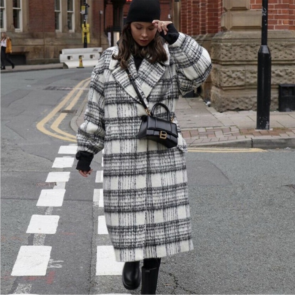 ZARA Black & White Plaid Brushed Wool Oversized Long Wool Coat - Picture 2 of 14